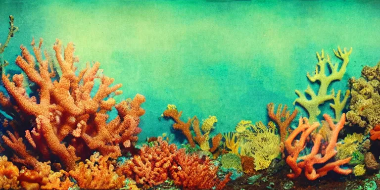 Prompt: a beautiful and colorful wet plate glass photograph of a vast underwater coral reef landscape and of sea life by edmund dulac. sponging, dry brushing, scumbling, masking, frayed edges. light leaks, natural light. trending on artstation and google images. 8 k hd wallpaper, full color scheme, lsd, vivid, vibrant, wide - angle