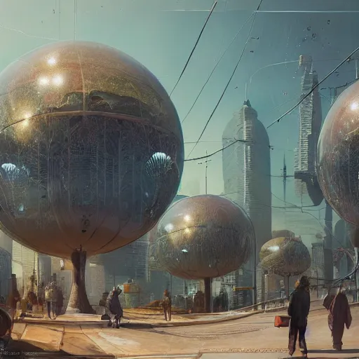 Image similar to A city trapped in a giant transparent dome, bubbles, cinematic lighting, insanely detailed, intricate, artstation, cgsociety, painted by Simon Stalenhag, Craig Mullins, concept art, illustration, sharp focus,