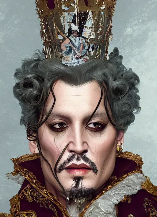 Image similar to johnny depp as king louis xv, hyper detailed, digital art, trending in artstation, cinematic lighting, studio quality, smooth render, unreal engine 5 rendered, octane rendered, art style by klimt and nixeu and ian sprigger and wlop and krenz cushart