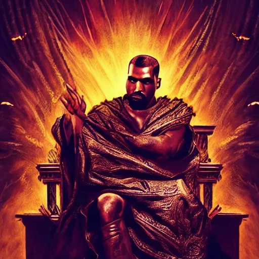 Image similar to Portrait of Kanye West as the god-emperor of mankind, amazing splashscreen artwork, splash art, natural light, elegant, intricate, fantasy, atmospheric lighting, cinematic, matte painting