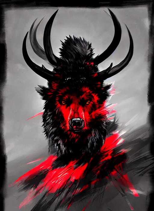 Prompt: A horned bear spirit with black and red fur. In style of Yoji Shinkawa and Hyung-tae Kim, trending on ArtStation, dark fantasy, great composition, concept art, highly detailed.