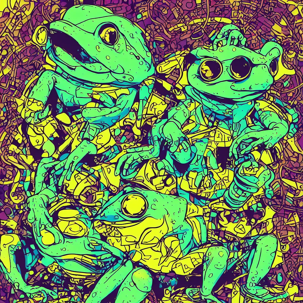 Image similar to toad head, ryuta ueda artwork, breakcore, style of jet set radio, y 2 k, gloom, space, cel - shaded art style, frogs, amphibians, sacred geometry, data, minimal, code, cybernetic, dark, eerie, cyber