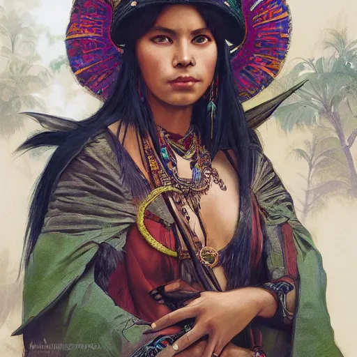 Image similar to A Inca Ruler, artists portrait, wild jungle, fantasy, highly detailed, digital painting, concept art, sharp focus, depth of field blur, illustration, art by artgerm and greg rutkowski and alphonse mucha