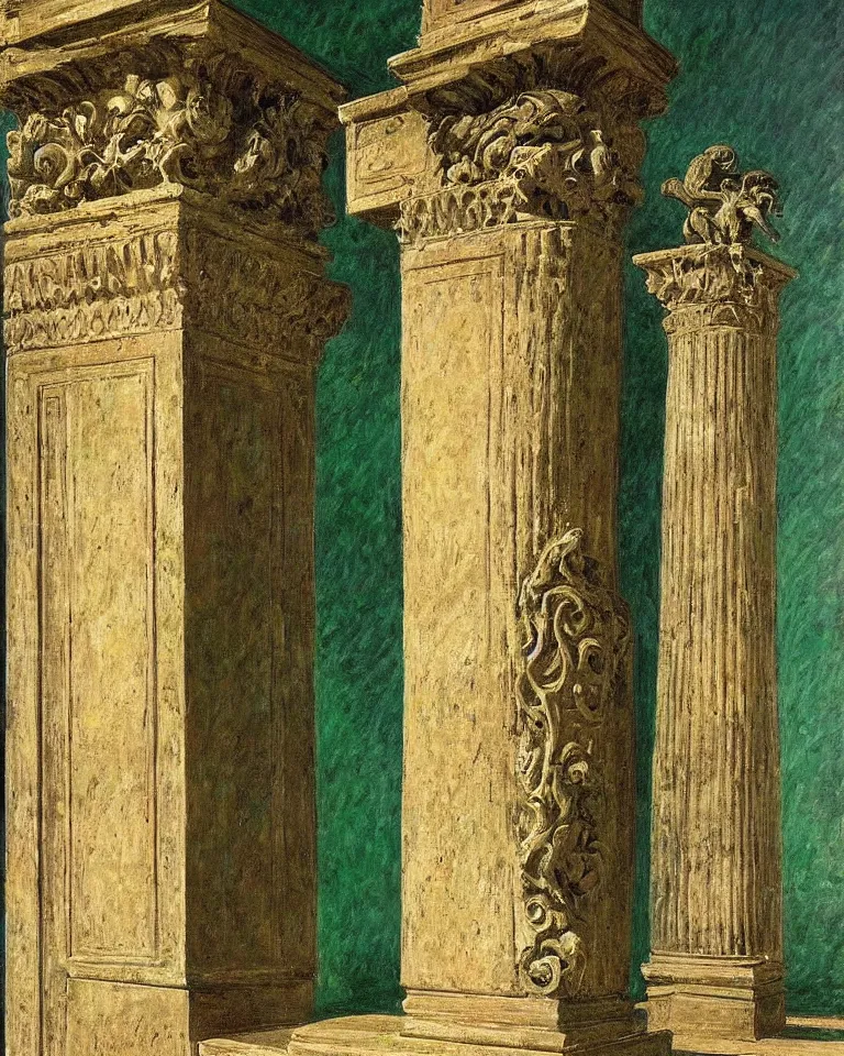 Image similar to achingly beautiful painting of intricate ancient roman corinthian capital on emerald background by rene magritte, monet, and turner. giovanni battista piranesi.