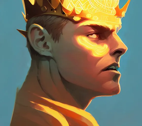 Prompt: portrait of king of sun and fire, golden eyes, tarot, by atey ghailan, by greg rutkowski, by greg tocchini, by james gilleard, by joe fenton, by kaethe butcher, dynamic lighting, gradient light blue, brown, blonde cream and white color scheme, grunge aesthetic