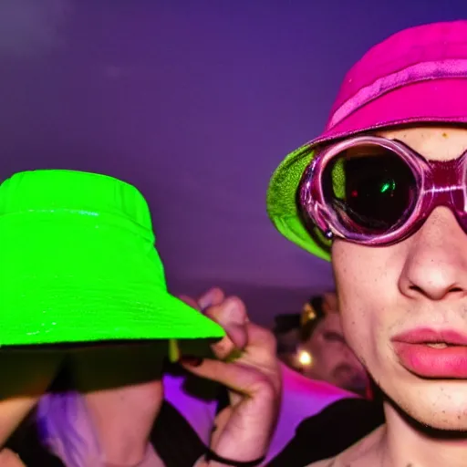 Image similar to frog wearing a bucket hat at a rave, photography