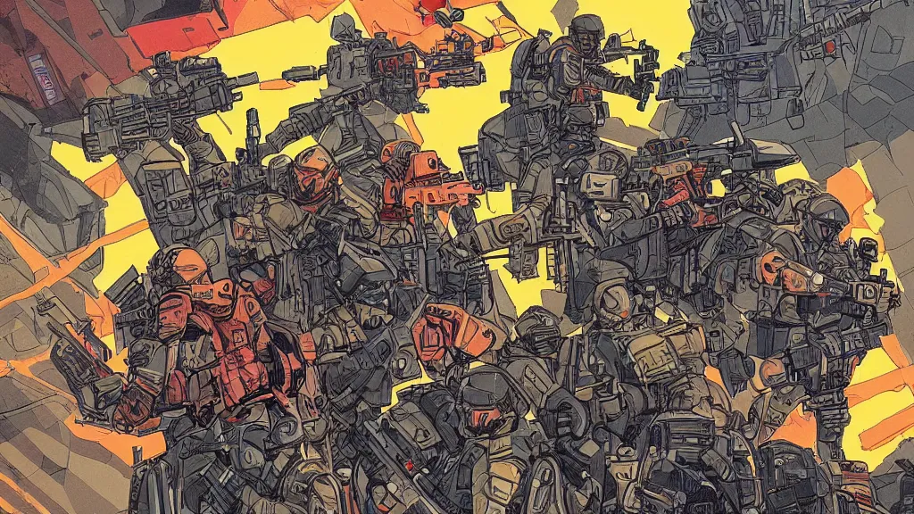 Prompt: An amazing illustration of a futuristic military in a small town, by Todd McFarlane. Cinematic. Bright color palette. Wide angle. Clean lines. Balanced composition.