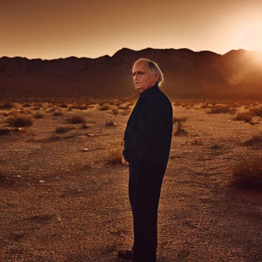 Prompt: portrait of cormac mccarthy standing in the texas desert at night. realistic zeiss lens 3 5 mm golden hour