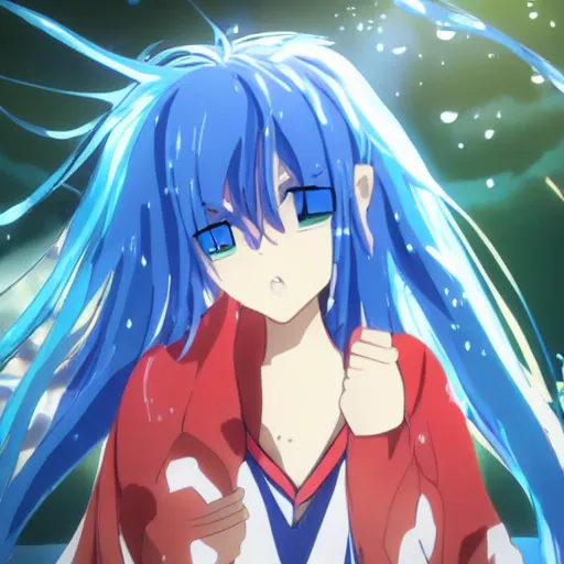 Image similar to rimuru tempest from that time i got reincarnated as a slime, with long blue hair in a ponytail, with bangs, pale skin, yellow eyes, fully clothed in red robes, highly detailed, 8 k, octane render, professional portrait, realistic, rainy window, volumetric lighting, water droplets frozen in time, sprites, god rays,