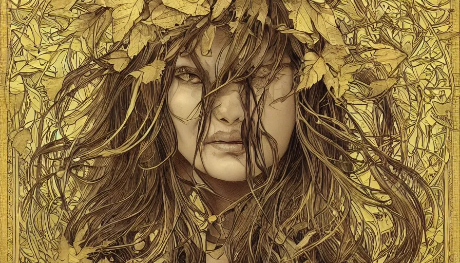 Image similar to golden leaves at frame border, moon, creative!!! composition for a book cover!!!, absurdly beautiful, ultrafine hyperrealistic detailed old!! witch face by wlop and artgerm and alphonse mucha, intricate linework, sharp focus, smooth, octopath traveler, final fantasy, unreal engine, dramatic lighting, ethereal, 8 k