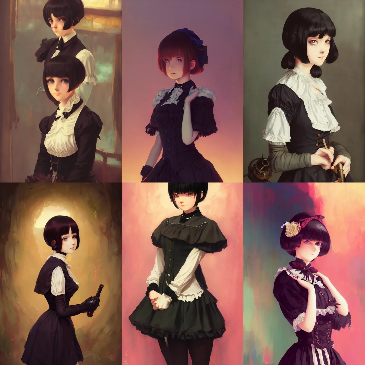Image similar to a portrait of a cute young woman in a Victorian maid outfit with black bob cut hair, steampunk setting, vivid colors, soft lighting, atmospheric, cinematic, moody, in the style of Ilya Kuvshinov and Range Murata, Krenz Cushart, oil on canvas, 8k