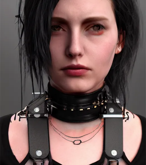 Image similar to detailed realistic female character cyberpunk wearing thick steel collar around neck, realistic, art, beautiful, 4K, collar, choker, collar around neck, punk, artstation, detailed, female, woman, choker, cyberpunk, neon, punk, collar, choker, collar around neck, thick collar, tight around neck, punk, headshot, detailed,