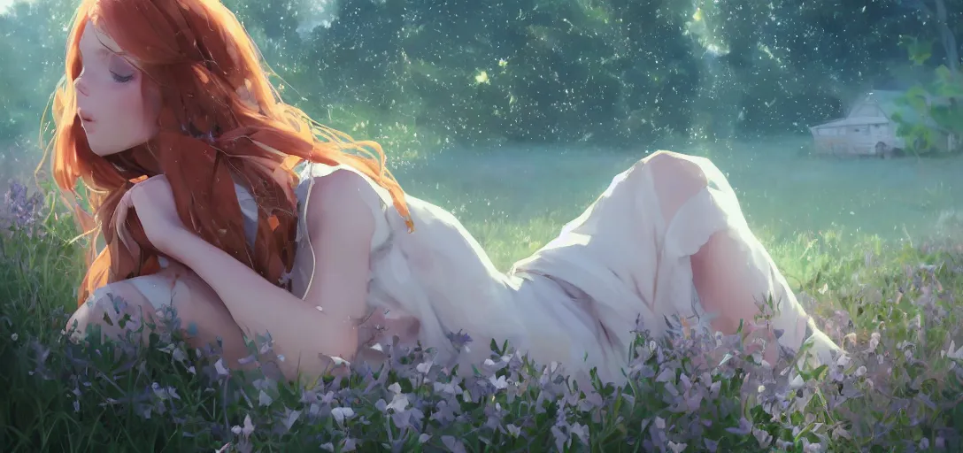 Image similar to a beautiful southern woman named Savannah, innocent, somber turquoise eyes, freckles, long ginger hair tied with white ribbon, napping under wisteria on a farm, gentle lighting, storm in the distance, western clothing, dress, digital art by Makoto Shinkai ilya kuvshinov and Wojtek Fus, digital art, concept art,