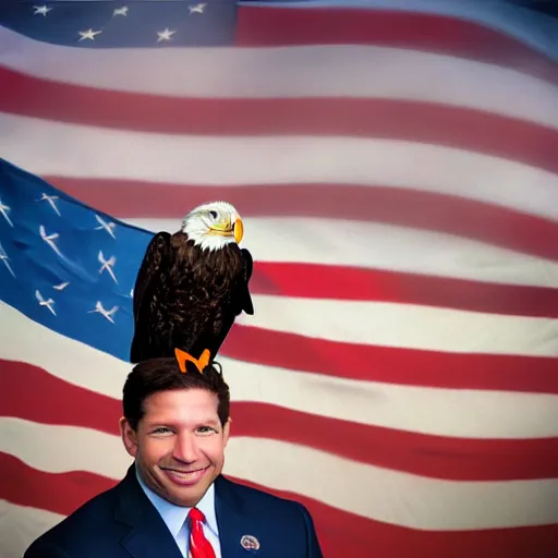 Prompt: ron desantis with bald eagle sitting on his shoulder, award - winning, artstation, patriotic, fireworks in background,