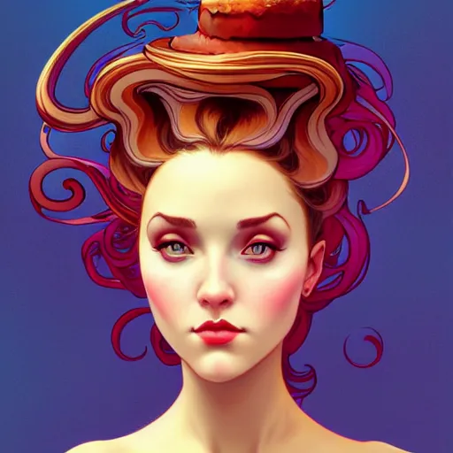 Image similar to curvy woman with a bundt cake head, digital art, cinematic, concept art, 8k, painting, imaginefx, cgsociety, art nouveau, Alphonse Mucha, trending on artstation, medium shot, head shot