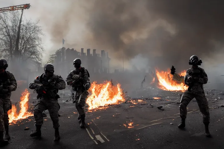 Prompt: Mercenary Special Forces soldiers in grey uniforms with black armored vest and black helmets assaulting a burning exploding devastated London in 2022, Canon EOS R3, f/1.4, ISO 200, 1/160s, 8K, RAW, unedited, symmetrical balance, in-frame, combat photography, colorful