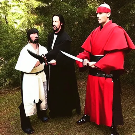 Image similar to Keanu Reeves “Samurai Jack” cosplay sword fight for Pope Jack Blacks entertainment