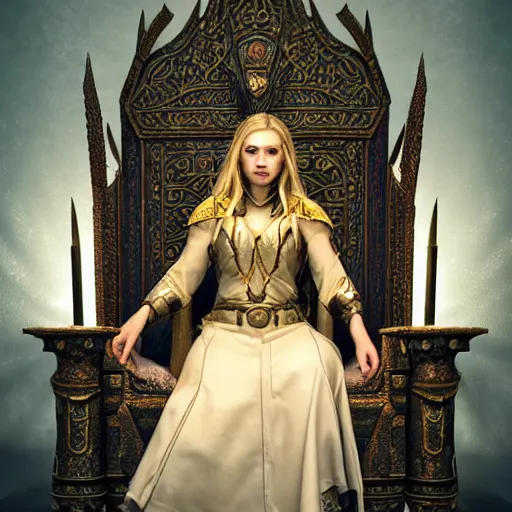 Image similar to the elder scrolls vi, charismatic regal blonde female jarl, portrait, exquisitely designed throne room, atmospheric lighting, painted, intricate, volumetric lighting, beautiful, daytime, slightly sunny weather, sharp focus, deep colours, ultra detailed, by leesha hannigan, ross tran, thierry doizon, kai carpenter, ignacio fernandez rios