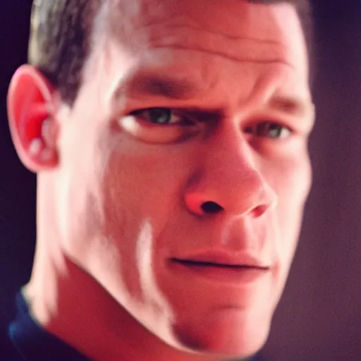 Image similar to A Medium shot of a John Cena face, captured in low light with a soft focus. There is a gentle pink hue to the image, and the John cena’s features are lightly blurred. Cinestill 800t