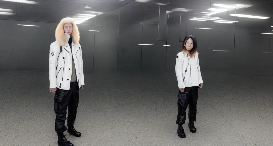Image similar to A portrait photo of a white japanese fox wearing an open, long, black leather jacket , black cargo pants, a black shirt, and black army boots standing in an empty, foggy parking structure