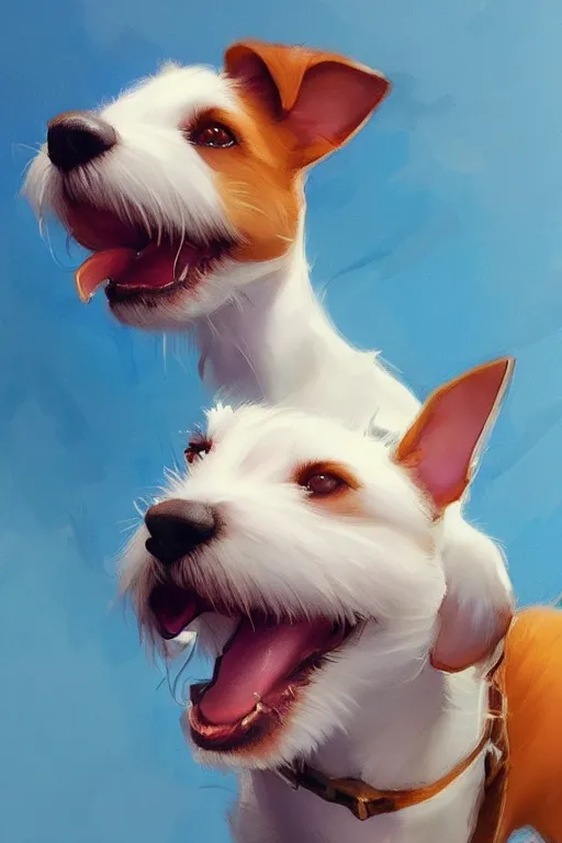 Image similar to adorable jack russel terrier smiling with her eyes closed jumping in the air, wide angle fantasy art, artstation character design contest winner, trending on cgsociety, concept art, speedpaint, beautiful digital art, jesper ejsing, james jean, justin gerard, fenghua zhong, makoto shinkai, highly detailed