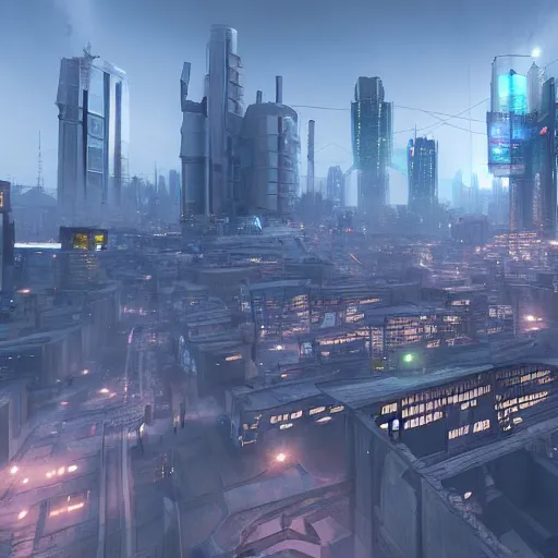 Prompt: norilsk orbit city cityscape, environmental concept art, rendered in unreal engine, cyberpunk