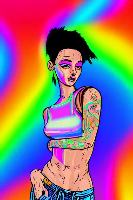 Prompt: a award winning half body portrait of a beautiful woman with stunning eyes in a croptop and cargo pants with smoking hair in rainbow colors, outlined by whirling illuminated neon lines, outrun, vaporware, shaded flat illustration, digital art, trending on artstation, highly detailed, fine detail, intricate