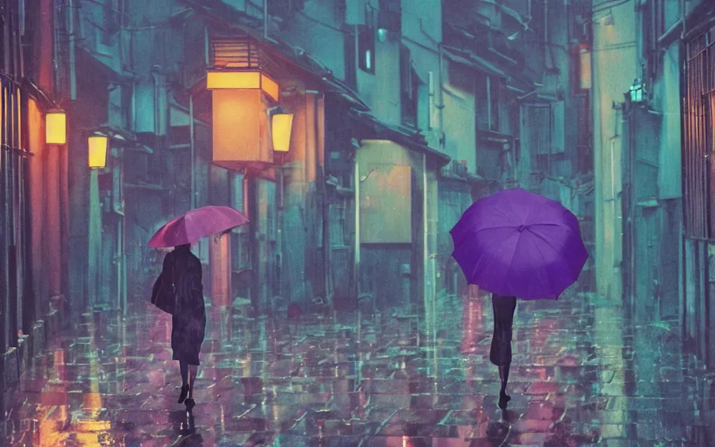 Prompt: a woman holding a purple umbrella walking on the wet street on a rainy night in a kyoto alley way by makoto shinkai by studio ghibli and by wes anderson. dramatic lighting. cel shading.