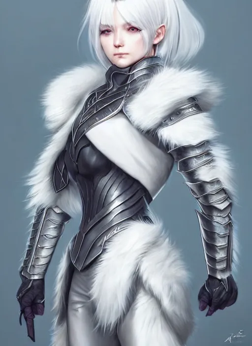 Image similar to fur - lined armor!!! beautiful and elegant white haired female!! gorgeous ayes!! character concept art, sharp focus, octane render! unreal engine 5! highly rendered!! trending on artstation!! detailed linework!! illustration by artgerm, wlop and chie yoshii