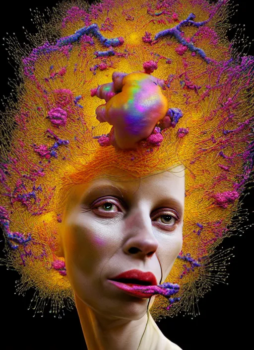 Image similar to hyper detailed 3d render like a Oil painting - Yolandi Visser seen Eating of the Strangling network of yellowcake aerochrome and milky Fruit and Her delicate Hands hold of gossamer polyp blossoms bring iridescent fungal flowers whose spores black the foolish stars by Jacek Yerka, Mariusz Lewandowski, Houdini algorithmic generative render, Abstract brush strokes, Masterpiece, Edward Hopper and James Gilleard, Zdzislaw Beksinski, Mark Ryden, Wolfgang Lettl, hints of Yayoi Kasuma, octane render, 8k