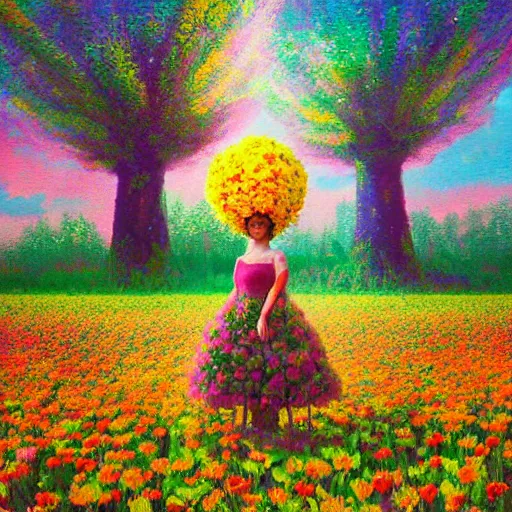 Image similar to large flower head, girl standing in a flower field, surreal photography, big trees, sunrise dramatic light, impressionist painting, colorful clouds, digital painting, pointillism, artstation, simon stalenhag