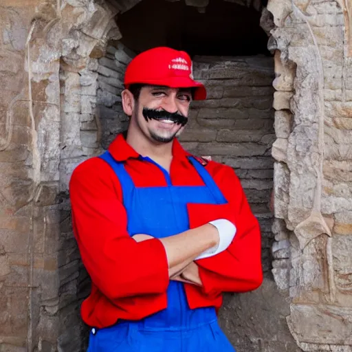 Image similar to italian plumber wearing a red hat and shirt, blue jumpsuit.