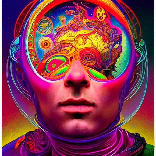 Image similar to An extremely psychedelic experience, colorful, surreal, dramatic lighting, cosmonaut, LSD, face, detailed, intricate, elegant, highly detailed, digital painting, art nouveau, tarot, artstation, concept art, smooth, sharp focus, illustration, art by Sam spratt, dan mumford, Artem Demura and alphonse mucha