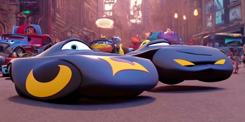 Image similar to Batmobile in pixar cars movie