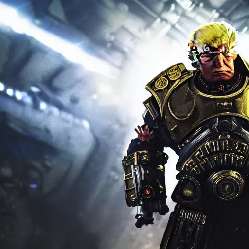 Image similar to Portrait of donald trump as the emperor of humanity from warhammer 40k in Gears of War, splash art, movie still, cinematic lighting, dramatic, octane render, long lens, shallow depth of field, bokeh, anamorphic lens flare, 8k, hyper detailed, 35mm film grain