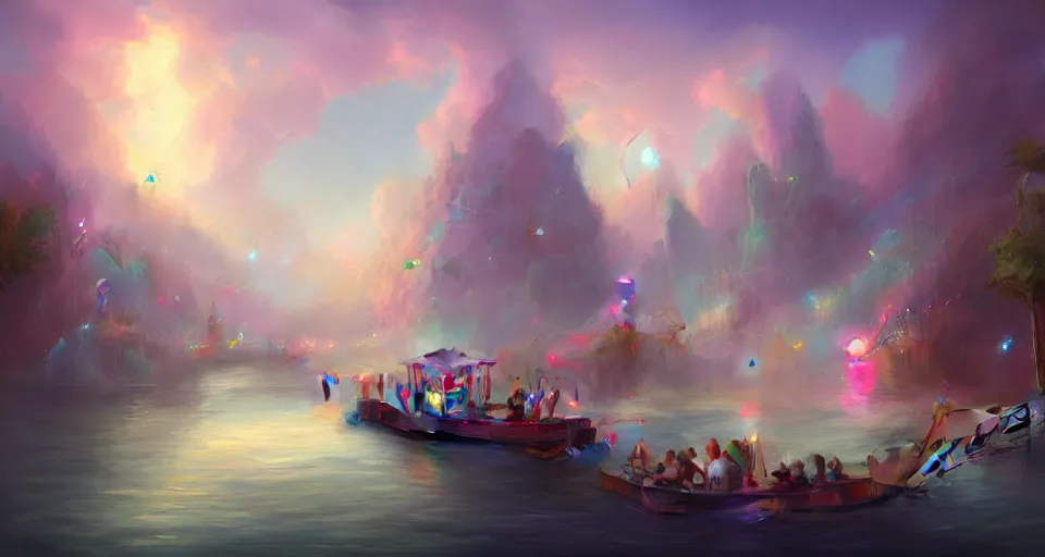 Image similar to an amusement park boat ride with pastel colors by peter mohrbacher, vivid colors, matte painting, 8K, concept art, mystical color scheme, trending on artstation