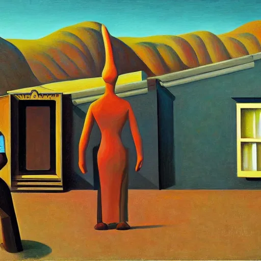 Image similar to buckaroo banzai, grant wood, pj crook, edward hopper, oil on canvas