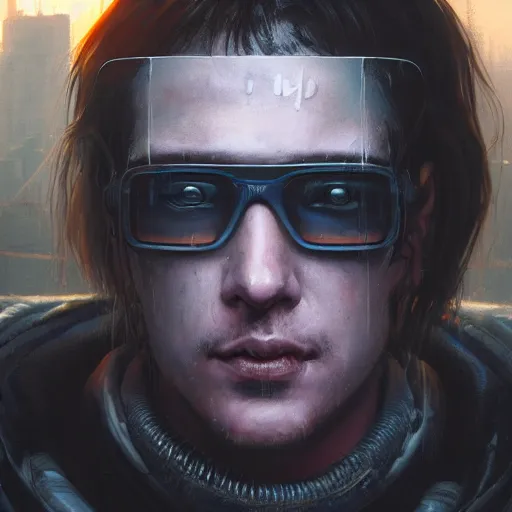 Image similar to cyberpunk, closeup portrait of a washed up cyberpunk hacker, dramatic light, city background, sunset, dystopian setting, high contrast, sharp, neuromancer, henry dorsett case, painted by stanley lau, painted by greg rutkowski, painted by stanley artgerm, digital art, trending on artstation