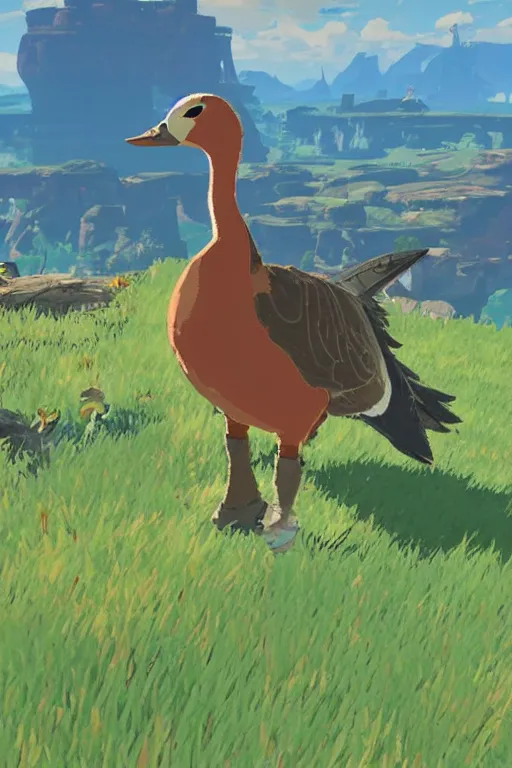 Image similar to in game footage of a goose from the legend of zelda breath of the wild, breath of the wild art style.
