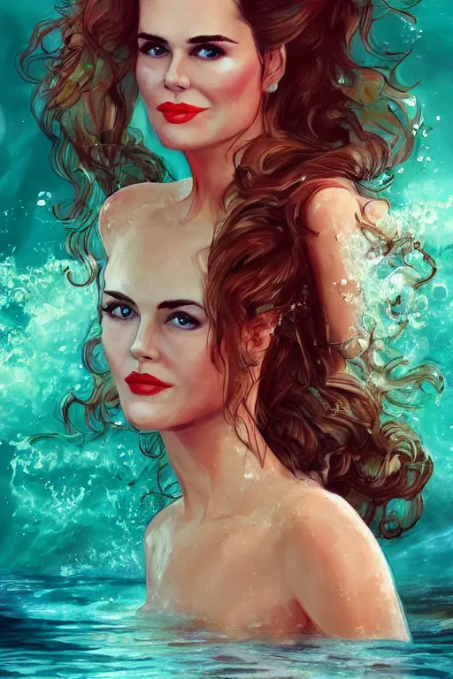 Image similar to mix of beautiful young maria shriver, mariel hemmingway, brooke shields, nicole kidman and elle macpherson as an underwater mermaid, thin lips, hair tied up in a pony tail, dark blonde hair, colorful, artstation, cgsociety