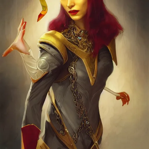 Prompt: a beautiful and androgynous half - elf with almond skin tone and messy short red hair and catlike features with yellow eyes with slit pupils, dressed in a jodhpuri suit, dnd character, golden aura, realistic portrait by ross tran and gerald brom and kehinde wiley and fernando amorsolo, trending on artstation