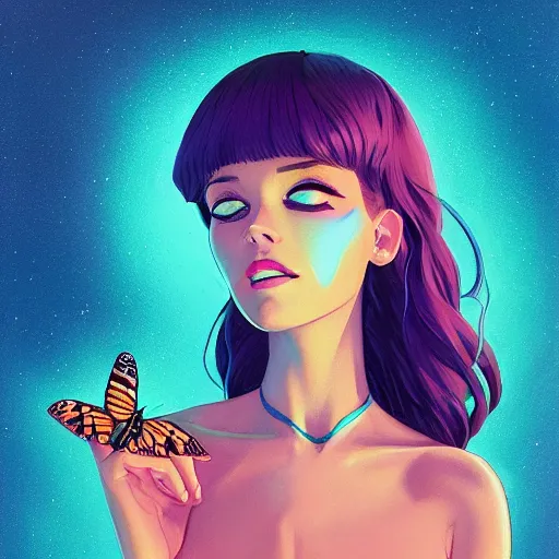 Prompt: macro head portrait of a synthwave stylised female with an intricate butterfly in hand, ink concept art pixar ejsing, rhads, makoto shinkai, lois van baarle, ilya kuvshinov, rossdraws, hd, 3 2 k, ilya kuvshinov, gustav klimt