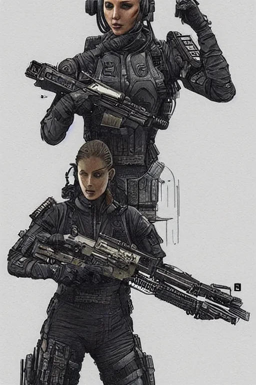 Image similar to Sonya. blackops mercenary in near future tactical gear, stealth suit, and cyberpunk headset. Blade Runner 2049. concept art by James Gurney and Mœbius.