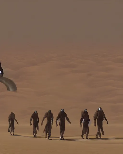 Image similar to group of fremen walking through the desert, retrofuturism sci - fi old movie, highly detailed, photorealistic, 8 k, by beksinski and stalenhag