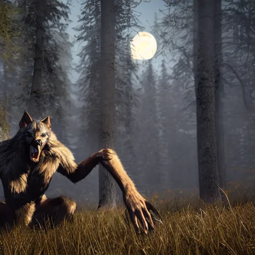 Image similar to man transforming into a werewolf, full body, hyper realistic, 8 k, unreal engine, realistic brown fur, full moon background, ray tracing