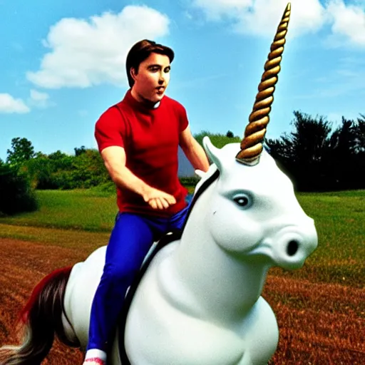 Image similar to wesley crusher riding a unicorn into battle