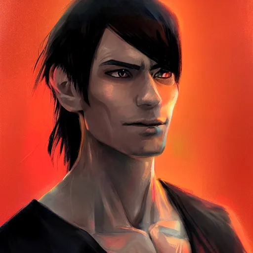 Prompt: anime portrait of a cyborg man by greg rutkowski, he is about 3 0 years old, indian, very tall and slender, messy long black hair, he is wearing a black t - shirt, highly detailed portrait, digital painting, artstation, concept art, smooth, sharp foccus ilustration, artstation hq