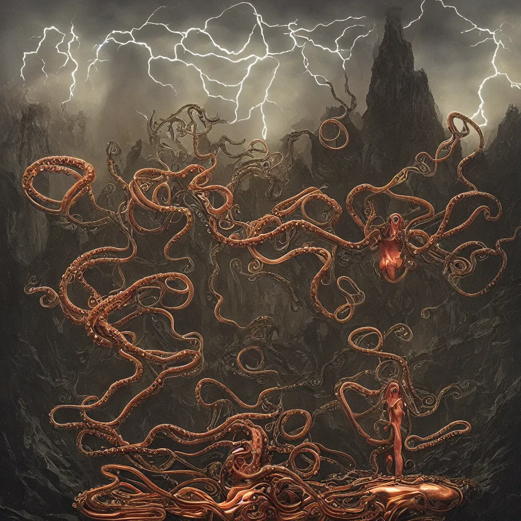 Image similar to An amorphic being with tentacles of liquid reflective copper and chrome emerges from the dark surreal ether, mist amidst lightning, high contrast lighting, backlit by Michael Whelan