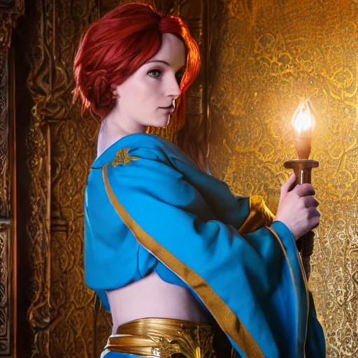 Prompt: Triss Merigold cosplay, beautiful ornate blue and gold robe, golden ornamental leaf shaped festoon, warmly lit posh study, cinematic dramatic lighting, gorgeous female model, unreal engine, cinematic film still, highly detailed