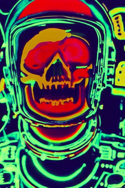 Prompt: astronaut with neon glowing skull, 1 9 6 0 s, color bleed, video compression, video glitch, vhs footage, akira kurosawa, mamoru oshii, wes anderson, stanley kubrick